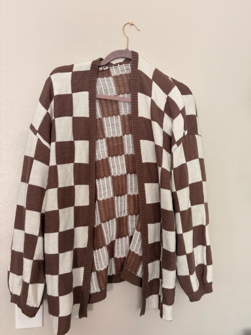 Gingham Open-Front Cardigan Sweater - Brown & Cream